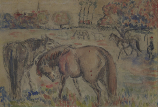 Orovida Pissarro (1893-1968), 'Horses in a Field.' Watercolor, tempera, charcoal and pencil on paper, 5 ½ x 7 ⅞ inches (14 x 20 cm), framed 13 ⅜ x 15 ½ inches (34 x 39.5 cm). Signed with monogram lower right. Dated 09 lower right. Image courtesy Stern Pissarro Gallery
